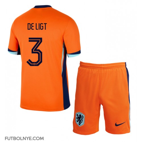 Camiseta Países Bajos Matthijs de Ligt #3 Primera Equipación para niños Eurocopa 2024 manga corta (+ pantalones cortos)